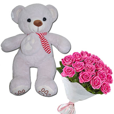 "Teddy Bear Cream BST-9108, 15 Pink Roses Flower Bunch - Click here to View more details about this Product